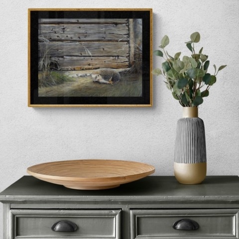 Hedgehog and wooden door painting wall art decor above a chest of drawers by wildlife artist Laurence Saunois