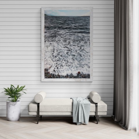  Painting of the Mediterranean Sea after the storm in a living room setting by wildlife artist Laurence Saunois