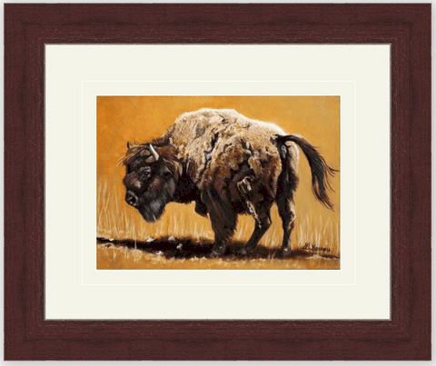 Peinture miniature encadrée de bison d'Amérique : peintre animalier Laurence Saunois