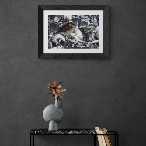  Sparrow in the snow painting wall art decor above a piece of furniture