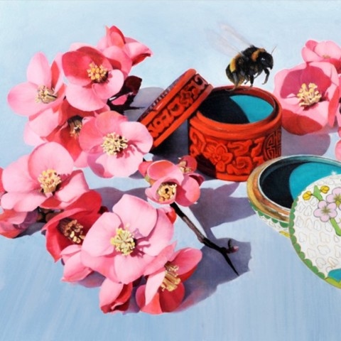  Flowers, boxes, and bumblebee painting by wildlife artist Laurence Saunois