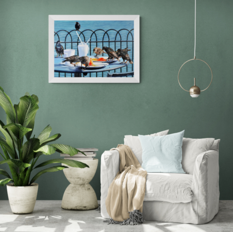 Starlings painting wall art decor in a living room above an armchair