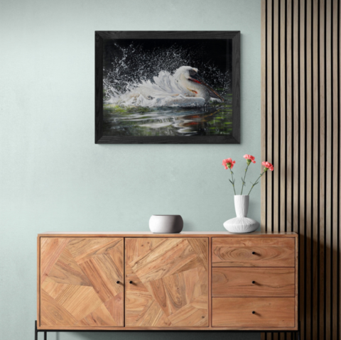 White pelican painting wall art decor above a dresser