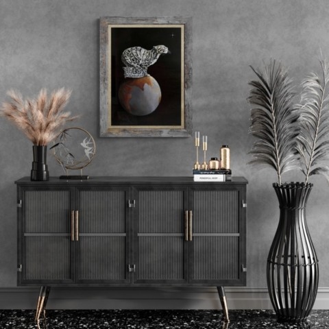  Clouded leopards painting wall art decor in a living room setting above a sideboard by wildlife artist Laurence Saunois 