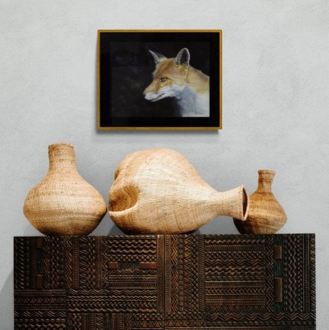 Red fox portrait painting wall art decor above a wooden furniture by wildlife artist Laurence Saunois