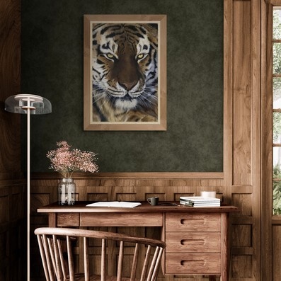  Tiger portrait painting wall art decor in a home office setting above a desk by wildlife artist Laurence Saunois
