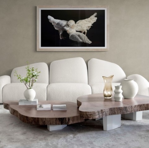 Tableau de trois poules blanches en situation dans un salon au dessus d'un canapé.