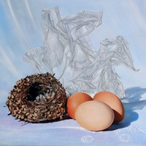  Eggs, nest, and plastic hen painting by wildlife artist Laurence Saunois