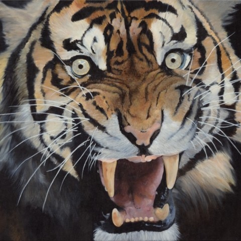 Fearful tiger portrait painting by wildlife artist Laurence Saunois