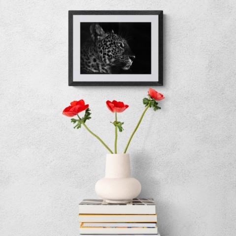 Framed scratchboard portrait of a jaguar in a staged setting above a vase with red flowers – wildlife artist Laurence Saunois