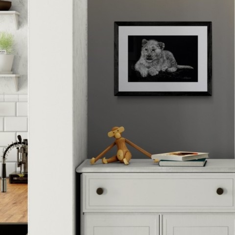 Scratchboard of a white lion cub displayed above a dresser – wildlife artist Laurence Saunois