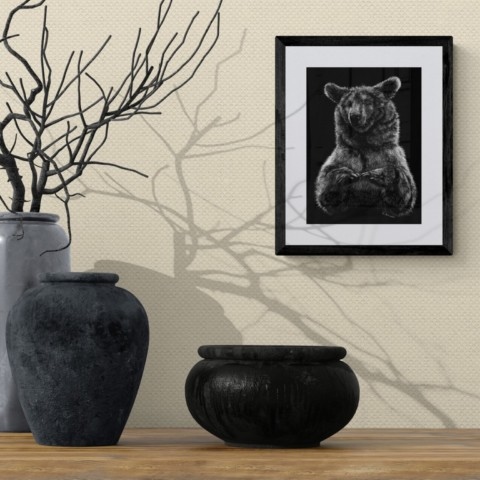 Scratchboard of a standing Pyrenean bear in a staged setting with decorative vases – wildlife artist Laurence Saunois