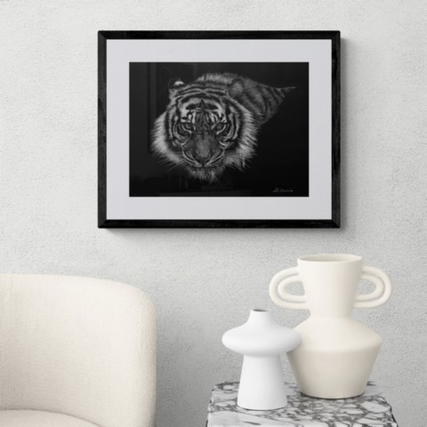 Scratchboard portrait of a tigress displayed in a decorative setting with vases – wildlife artist Laurence Saunois 