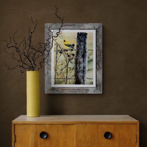 Yellow bird painting in a room above a dresser