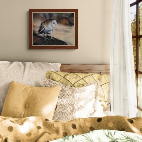 Barn owl pastel painting wall art decor in a bedroom above a bed by wildlife artist Laurence Saunois