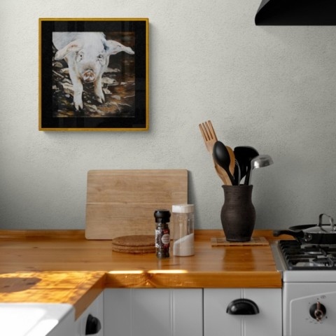  Small pig painting wall art decor in a kitchen setting by wildlife artist Laurence Saunois