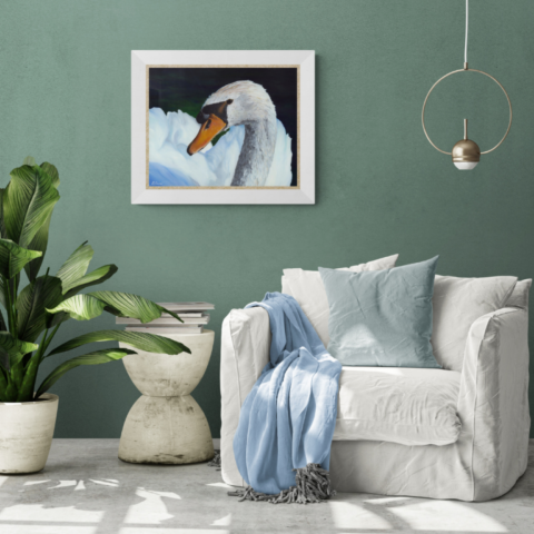  White swan portrait painting wall art decor in a living room above an armchair  