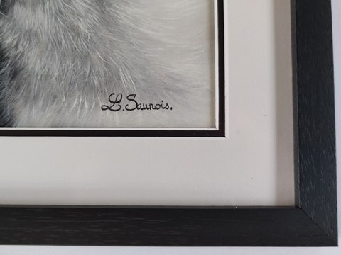 Framing details - Signature - Painting of a red fox portrait by the animal artist Laurence Saunois