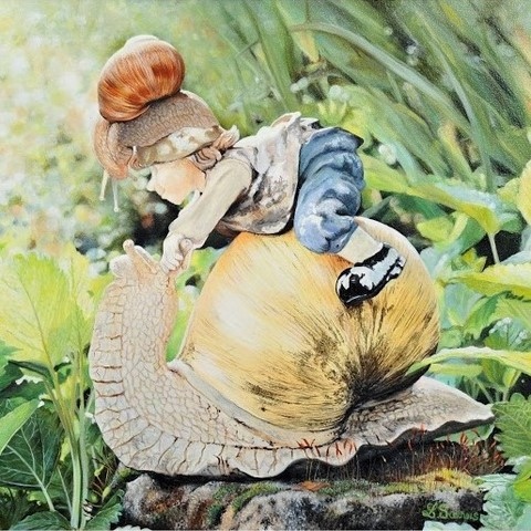 Peinture d'un escargot et lutin par Laurence Saunois, peintre animalier