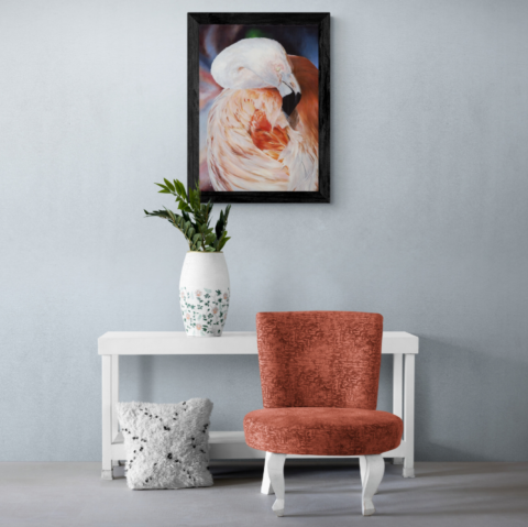  Pink flamingo painting wall art decor above a small cabinet by wildlife artist Laurence Saunois