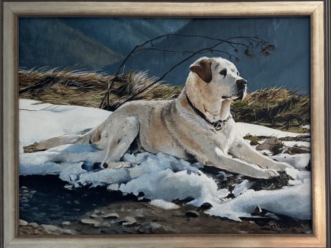 Yellow Labrador oil painting in a wooden frame