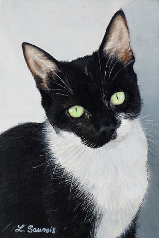 Black and white miniature painting by animal artist Laurence Saunois 