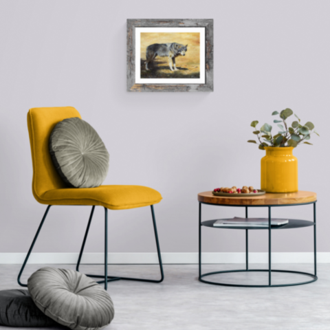  Grey wolf painting wall art decor in a cozy corner setting by wildlife artist Laurence Saunois