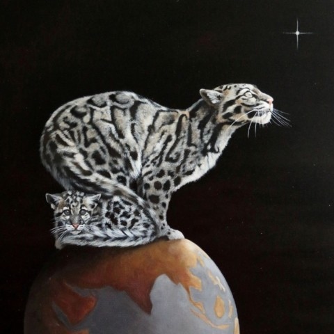  Clouded leopard painting with its cub on planet Earth by wildlife artist Laurence Saunois