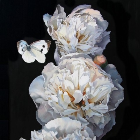 Peinture de pivoines blanches avec un papillon par Laurence Saunois.