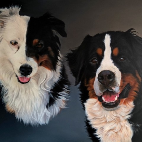 Tableau de deux portraits de chiens par Laurence Saunois, Artiste animalier